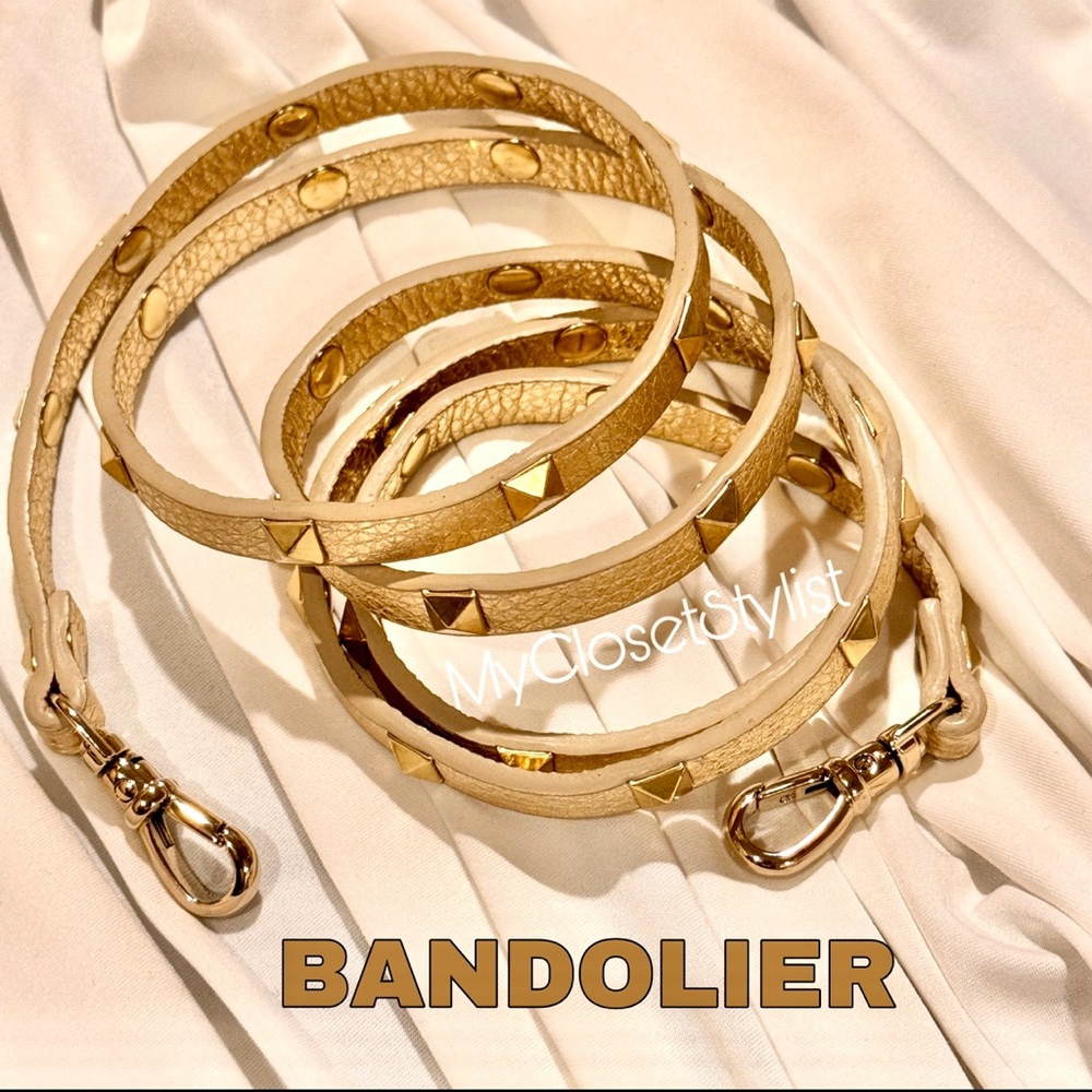 NEW Bandolier GOLD LEATHER Studded Crossbody Satchel Strap RARE! Retired - Picture 2 of 6
